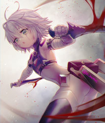 Rule 34 | 1girl, ass, bandaged arm, bandages, bare shoulders, belt, belt buckle, black belt, black thighhighs, blood, bloody weapon, breasts, buckle, cleavage, cleavage cutout, clothing cutout, crescent, dual wielding, fate/apocrypha, fate (series), green eyes, hair between eyes, holding, holding knife, jack the ripper (fate/apocrypha), kamui natsuki, knife, open mouth, pouch, scar, scar across eye, scar on face, sheath, short hair, shoulder tattoo, silver hair, small breasts, solo, stitches, tattoo, thighhighs, turtleneck, twitter username, weapon