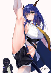 Rule 34 | 1girl, 1other, alternate hairstyle, arknights, arm up, armpits, bare legs, black jacket, black shorts, blue hair, blush, breasts, brown eyes, ch&#039;en (arknights), commentary, doctor (arknights), dragon horns, hair between eyes, hair down, head tilt, highres, hood, hooded jacket, horns, jacket, kneepits, leg up, looking at viewer, medium breasts, navel, necktie, open fly, revision, shirt, short shorts, shorts, simple background, sleeveless, sleeveless shirt, split, srpzk, standing, standing on one leg, standing split, thighs, white background, white shirt, yellow neckwear