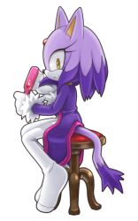 Rule 34 | 1girl, animal ears, blaze the cat, brushing hair, cat ears, cat girl, cat tail, comb, eyelashes, forehead jewel, fur-trimmed gloves, fur trim, furry, furry female, gloves, hair down, jacket, kekani, looking at viewer, purple fur, purple jacket, sitting, sonic (series), stool, tail, white gloves, yellow eyes