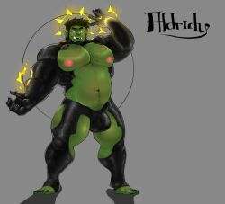Rule 34 | 1boy, 4giogio4, aldrich (4giogio4), bara, bare pectorals, beard, belly, bulge, clothing cutout, collaboration, colored skin, crotchless, crotchless pants, electricity, electrokinesis, facial hair, fat, fat man, full body, green skin, halo behind head, hip vent, huge pectorals, kokukokuboo, large bulge, looking at viewer, male focus, mature male, monster boy, muscular, muscular male, navel, navel hair, nipples, orc, original, pants, pectorals, pointy ears, revealing clothes, short hair, solo, sparse chest hair, standing, stomach, strongman waist, thick eyebrows, thick thighs, thigh cutout, thighs, tusks