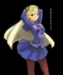 Rule 34 | 1girl, black background, blonde hair, blue skirt, capcom, capcom fighting jam, contrapposto, cowboy shot, hairpods, ingrid (capcom), long hair, looking at viewer, pantyhose, pleated skirt, red eyes, red pantyhose, simple background, skirt, solo, standing, tetsu (kimuchi), uniform