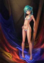 Rule 34 | 1girl, aqua eyes, aqua hair, bad id, bad pixiv id, barefoot, bra, hatsune miku, highres, lingerie, navel, open mouth, panties, pinakes, solo, standing, twintails, underwear, underwear only, vocaloid, white bra, white panties
