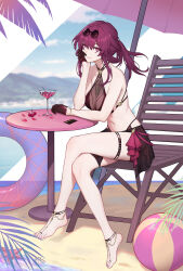 Rule 34 | 1girl, ball, bare arms, bare shoulders, barefoot, barefoot sandals (jewelry), beach, beachball, bikini, bikini skirt, black gloves, breasts, cherry, commentary request, cup, drinking glass, eyewear on head, food, fruit, glasses, gloves, hand up, highres, honkai: star rail, honkai (series), innertube, kafka (honkai: star rail), large breasts, long hair, looking at viewer, navel, pince-nez, ponytail, purple eyes, purple hair, revision, sitting, smile, solo, stomach, sunglasses, swim ring, swimsuit, table, thigh strap, thighs, yunkaiming
