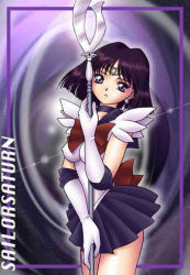 Rule 34 | 1990s (style), 1girl, bishoujo senshi sailor moon, bob cut, bow, brown bow, character name, choker, earrings, elbow gloves, gloves, holding, holding spear, holding weapon, jewelry, magical girl, over shoulder, polearm, purple hair, purple skirt, sailor saturn, silence glaive, skirt, solo, spear, staff, tiara, tomoe hotaru, weapon, weapon over shoulder, white gloves