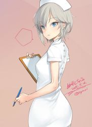 Rule 34 | 10s, 1girl, anastasia (idolmaster), ass, blue eyes, clipboard, dated, from behind, gradient background, hat, idolmaster, idolmaster cinderella girls, jpeg artifacts, left-handed, looking back, nurse, nurse cap, ooyari ashito, pen, pink background, short hair, short sleeves, signature, silver hair, solo, speech bubble, twitter username