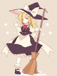 Rule 34 | 1girl, bad id, bad pixiv id, blonde hair, bow, braid, broom, daizu (melon-lemon), dress, hat, hat bow, highres, kirisame marisa, long hair, long sleeves, mary janes, pout, shoes, simple background, single braid, solo, sweatdrop, touhou, unmoving pattern, witch hat, yellow eyes