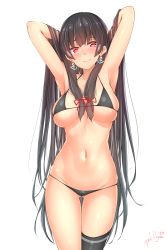 Rule 34 | 1girl, anchor earrings, bikini, black bikini, black hair, black thighhighs, breasts, earrings, hair ribbon, highres, isokaze (kancolle), jewelry, kantai collection, large breasts, long hair, navel, red eyes, red ribbon, ribbon, simple background, single thighhigh, solo, swimsuit, thighhighs, tokito yu, tress ribbon, very long hair, white background