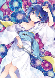 Rule 34 | 1girl, bad id, bad pixiv id, blue hair, collarbone, copyright request, gradient eyes, hair ornament, holding, japanese clothes, kimono, knife, kona (canaria), looking at viewer, lying, multicolored eyes, ogrebuster overdrive, short hair, solo