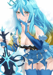 Rule 34 | 1girl, blue dress, blue nails, breasts, cleavage, dress, hair ornament, highres, holding, holding weapon, large breasts, long hair, looking at viewer, multicolored eyes, multicolored hair, nail polish, seven (corea0918), simple background, snowflakes, solo, thighs, tower of fantasy, wanderer (tower of fantasy), weapon