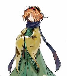 Rule 34 | 1other, androgynous, blue scarf, closed mouth, cocopalm, dress, green dress, hairband, len&#039;en, medium hair, orange eyes, orange hair, other focus, red hairband, scarf, simple background, solo, white background, wide sleeves, yellow sleeves, zuifeng tenkai
