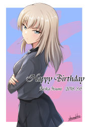 Rule 34 | 10s, 1girl, angry, artist name, bad id, bad tumblr id, black skirt, blush, character name, closed mouth, commentary, crossed arms, dated, dress shirt, english text, from side, frown, girls und panzer, grey shirt, happy birthday, highres, itsumi erika, kuromorimine school uniform, long hair, long sleeves, looking at viewer, looking back, miniskirt, multicolored background, outside border, pleated skirt, school uniform, shamakho, shirt, signature, skirt, solo, standing, tsundere, upper body, v-shaped eyebrows