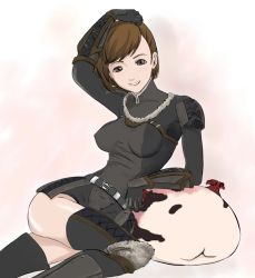 Rule 34 | 00s, 1girl, armor, breasts, brown eyes, brown hair, covered erect nipples, final fantasy, final fantasy xi, hume, leech, medium breasts, short hair, smile, solo, thighhighs