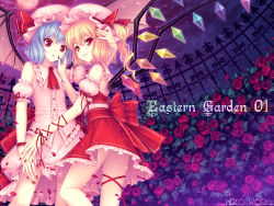 Rule 34 | 2girls, bad id, bad pixiv id, bare shoulders, bat wings, blonde hair, blue hair, cover, cover page, female focus, fingernails, flandre scarlet, flower, hand on another&#039;s cheek, hand on another&#039;s face, hat, highres, long fingernails, multiple girls, nail polish, petals, ponytail, red eyes, red nails, remilia scarlet, ribbon, rose, sayori (neko works), short hair, siblings, side ponytail, sisters, slit pupils, touhou, wallpaper, wings