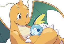 Rule 34 | :&gt;, puff of air, claws, closed mouth, commentary request, creatures (company), dragonite, closed eyes, game freak, gen 1 pokemon, gen 8 pokemon, grey eyes, highres, holding, holding pokemon, koke ojisan, nintendo, no humans, pokemon, pokemon (creature), simple background, smile, sobble, tearing up, white background
