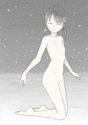 Rule 34 | 10s, 1girl, collarbone, colored skin, closed eyes, greyscale, kantai collection, kneeling, monochrome, no navel, no nipples, no pussy, nude, pun, shirayuki (kancolle), short hair, short twintails, smile, snow, snowing, solo, taruya, twintails, white skin