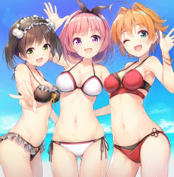 Rule 34 | 3girls, :d, ;d, ahoge, aqua eyes, arm up, armpits, bangle, bare arms, bare shoulders, bikini, black bikini, black hairband, black ribbon, blue sky, bow, bow bikini, bracelet, breasts, brown hair, character request, cleavage, commentary request, copyright request, cowboy shot, day, fang, frilled bikini, frilled hairband, frills, gluteal fold, green eyes, groin, hair intakes, hair ribbon, hairband, halterneck, highres, jewelry, looking at viewer, medium breasts, multiple girls, navel, ocean, one eye closed, open mouth, orange bow, orange hair, outdoors, outstretched arm, pink hair, purple eyes, red bikini, ribbon, short hair, side-tie bikini bottom, skin fang, sky, smile, sora from france, stomach, string bikini, swimsuit, thighs, two side up, v, virtual youtuber, water drop, waving, wet, white bikini