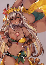 Rule 34 | 1girl, absurdres, animal ears, ass, bare shoulders, big hair, bikini, bikini pull, blush, bracelet, breasts, butt crack, clothes pull, contrapposto, dark skin, flower, flower necklace, gluteal fold, granblue fantasy, green eyes, grey background, grey hair, grin, hair between eyes, hair flower, hair ornament, hand on own hip, head tilt, head wreath, highres, jewelry, large breasts, long hair, looking at viewer, multiple views, navel, necklace, nemone, nipples, non-web source, pulling own clothes, ryuuji teitoku, sarong, scan, simple background, smile, standing, sweat, swimsuit