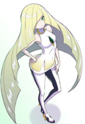 Rule 34 | 1girl, bare shoulders, blonde hair, creatures (company), game freak, green eyes, hair over one eye, hand on own hip, highres, long hair, looking at viewer, lusamine (pokemon), nintendo, pokemon, pokemon sm, smile, solo, sweater vest, very long hair, yamada gogogo