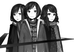 Rule 34 | 3girls, a~chan, coat, greyscale, kashiyuka, matayoshi, monochrome, multiple girls, nocchi (perfume), perfume (band), scarf, short hair, triangle
