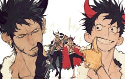 2boys black_coat black_eyes black_gloves black_hair chest_tattoo coat earrings facial_hair fake_horns fingersmile frown full_body fur_coat fur_trim gloves goatee grey_eyes highres horns jewelry laughing male_focus mnnd monkey_d._luffy multiple_boys multiple_earrings muscular muscular_male official_alternate_costume one_piece open_mouth pants red_coat sandals scar scar_on_chest scar_on_face short_hair sideburns simple_background smile tattoo teeth topless_male trafalgar_law white_background yellow_gloves zoom_layer