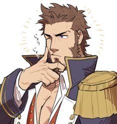 Rule 34 | 1boy, archer (lostbelt), brown hair, closed mouth, epaulettes, fate/grand order, fate (series), hand on own chin, jacket, long sideburns, male focus, military, military jacket, military uniform, napoleon bonaparte (fate), one eye closed, open clothes, open jacket, pectorals, purple eyes, scar, sideburns, simple background, solo, spiked hair, stroking own chin, uniform, upper body, white background