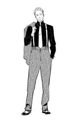 Rule 34 | 1boy, formal, full body, greyscale, hand in pocket, highres, holding, holding clothes, holding jacket, jacket, unworn jacket, jujutsu kaisen, looking at viewer, ma2, male focus, monochrome, nanami kento, necktie, shoes, short hair, solo, standing, suit, suspenders, white background