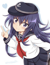 Rule 34 | 1girl, akatsuki (kancolle), anchor symbol, black eyes, black hair, black pantyhose, commentary request, hat, heart, index finger raised, kantai collection, long hair, looking at viewer, pantyhose, pleated skirt, pointing, school uniform, serafuku, silhouette, simple background, skirt, smile, solo, tamayan, twitter username, white background