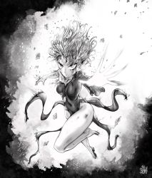 Rule 34 | 1girl, blood, blood on face, breasts, bruise, covered navel, debris, dress, floating clothes, floating hair, flying, full body, glowing, greyscale, high heels, highres, injury, looking at viewer, medium breasts, monochrome, navel, one-punch man, pelvic curtain, reaching, reaching towards viewer, shoes, short hair, single shoe, solo, tatsumaki, telekinesis, the golden smurf, torn clothes
