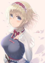 Rule 34 | absurdres, alice margatroid, blonde hair, blue dress, blue eyes, blush, book, bow, bowtie, breasts, capelet, closed mouth, dress, felix (felix09988192), frills, hairband, highres, long sleeves, looking at viewer, medium breasts, medium hair, petals, ribbon, sidelocks, sideways glance, signature, simple background, sleeves past wrists, smile, solo, taut clothes, taut dress, touhou, upper body