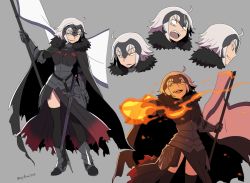 Rule 34 | 1girl, :d, ahoge, armor, armored boots, armored dress, asaya minoru, black cape, black dress, black footwear, black thighhighs, boots, breasts, cape, chain, commentary request, dress, fate/apocrypha, fate/grand order, fate (series), fire, flag, fur-trimmed cape, fur trim, gauntlets, grey background, headpiece, holding, holding flag, jeanne d&#039;arc (fate), jeanne d&#039;arc alter (avenger) (fate), jeanne d&#039;arc alter (avenger) (first ascension) (fate), jeanne d&#039;arc alter (fate), looking at viewer, looking away, medium breasts, multiple views, open mouth, outstretched arm, parted lips, profile, silver hair, simple background, smile, standing, sword, teeth, thighhighs, twitter username, upper teeth only, v-shaped eyebrows, weapon, white flag, yellow eyes