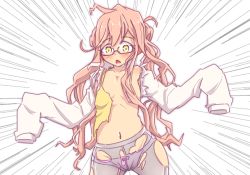 Rule 34 | 10s, 1girl, ahoge, blouse, blush, censored, convenient censoring, female focus, glasses, gloves, hair censor, hair over breasts, kantai collection, long hair, long sleeves, makigumo (kancolle), messy hair, navel, open mouth, panties, panties under pantyhose, pantyhose, pink hair, pink panties, purple pantyhose, ru2n131, shirt, sleeves past wrists, solo, torn clothes, torn pantyhose, torn shirt, underwear, very long hair, white shirt, yellow eyes