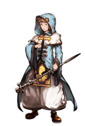 Rule 34 | 10s, 1boy, alpha transparency, brown eyes, brown hair, cloak, full body, gran (granblue fantasy), granblue fantasy, hood, hooded cloak, male focus, minaba hideo, official art, open mouth, priest (granblue fantasy), puffy pants, short hair, solo, staff, transparent background