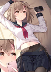 Rule 34 | 1girl, arm up, bed sheet, black pantyhose, black sailor collar, black skirt, blue panties, blush, braid, breasts, brown eyes, brown hair, cable, cellphone, closed mouth, clothes pull, comic, commentary request, crotch seam, from above, hair between eyes, hair ornament, hairclip, highres, holding, holding phone, inset, long sleeves, looking away, looking to the side, lying, medium breasts, miniskirt, navel, neckerchief, ominaeshi (takenoko), on back, on bed, open clothes, open skirt, original, panties, panties under pantyhose, pantyhose, phone, pleated skirt, red neckerchief, sailor collar, school uniform, serafuku, short hair, silent comic, skirt, skirt pull, sleeves past wrists, smartphone, solo, underwear