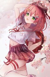 Rule 34 | 1girl, :d, ahoge, arched back, arm up, bag, bandaid, bandaid hair ornament, branch, breasts, cat hair ornament, cherry blossoms, crop top, falling petals, flower, green eyes, hair between eyes, hair ornament, hand on headwear, hand up, hat, hololive, leg up, light blush, looking at viewer, looking to the side, medium breasts, medium hair, midriff, miniskirt, navel, open mouth, petals, pink petals, plaid, plaid skirt, pleated skirt, pocket, pokeeeo o, red bag, red hair, red ribbon, red skirt, ribbon, sailor collar, sailor hat, sailor shirt, sakura miko, school bag, school uniform, serafuku, shirt, shirt pocket, shoes, short sleeves, skirt, smile, solo, standing, standing on one leg, t-shirt, thigh strap, thighhighs, virtual youtuber, white hat, white sailor collar, white shirt, white thighhighs