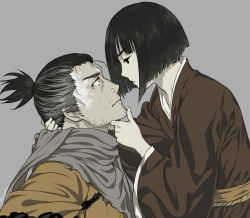 Rule 34 | 2boys, arizuka (catacombe), black hair, bob cut, brown kimono, commentary request, grey background, grey scarf, highres, japanese clothes, kimono, kuro the divine heir, long sleeves, looking at another, male focus, multiple boys, ponytail, scarf, sekiro, sekiro: shadows die twice, short hair, simple background, trap, wide sleeves