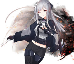 Rule 34 | 1girl, absurdres, ak-12 (girls&#039; frontline), bad id, bad pixiv id, black cape, black gloves, black pants, breasts, cape, closed mouth, explosion, girls&#039; frontline, gloves, highres, holding, holding knife, knife, kuki panda (wkdwnsgk13), long hair, long sleeves, looking at viewer, medium breasts, midriff, pants, partially fingerless gloves, purple eyes, shirt, silver hair, smile, solo, thigh gap, very long hair, white background, white shirt