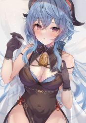 Rule 34 | 1girl, absurdres, alternate costume, bell, black dress, black gloves, blue bra, blue hair, bra, breasts, breasts apart, cleavage, covered navel, cowbell, crossed bangs, detached collar, dress, ganyu (genshin impact), genshin impact, gloves, goat horns, hair between eyes, hand on own chest, hand up, highres, holding shawl, horns, lace, lace-trimmed gloves, lace trim, large breasts, light blush, long hair, looking at viewer, maruro, open mouth, pelvic curtain, purple eyes, revision, see-through shawl, shawl, sleeveless, sleeveless dress, solo, underwear