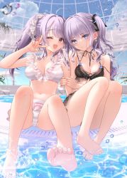 Rule 34 | 2girls, ;d, ahoge, arm grab, bare arms, bare legs, barefoot, bikini, bikini skirt, black bikini, black bow, blue eyes, bow, breasts, character request, cleavage, closed mouth, collarbone, foreshortening, grey hair, hair bow, hair intakes, highres, long hair, looking at viewer, medium breasts, multiple girls, one eye closed, open mouth, plaid, plaid bow, polka dot, polka dot bow, poolside, red eyes, sitting, smile, soles, strap slip, striped bikini, striped clothes, swimsuit, tsukigami runa, twintails, very long hair, w, white bikini, white bow