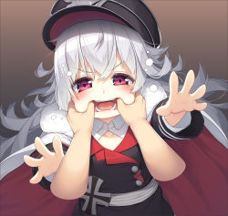 Rule 34 | 1girl, azur lane, black dress, black headwear, blush, brown background, cape, commentary request, cross, disembodied hand, dress, finger in another&#039;s mouth, fur-trimmed cape, fur trim, gradient background, graf zeppelin (azur lane), grey background, hat, highres, iron cross, long hair, long sleeves, military, military hat, military uniform, mouth pull, olive (laai), open mouth, outstretched arms, peaked cap, red cape, red eyes, silver hair, solo focus, tears, tongue, uniform, upper body, very long hair, zeppy (azur lane)