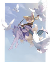 Rule 34 | 1girl, absurdres, animal ears, arknights, bare shoulders, bird, blonde hair, blue background, blue bow, blue dress, blue hairband, border, bow, bow (music), braid, closed eyes, dove, dress, floating, fox ears, fox tail, hair bow, hairband, highres, holding, holding instrument, holding violin, instrument, kitsune, kyuubi, long hair, material growth, multiple tails, oripathy lesion (arknights), outside border, pantyhose, shio (shiofeifei), solo, suzuran (arknights), tail, two-tone dress, violin, white border, white dress, white pantyhose, white wrist cuffs, wrist cuffs