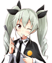 Rule 34 | 10s, 1girl, ;d, aikawa ryou, anchovy (girls und panzer), black cape, black neckerchief, black ribbon, blush, brown eyes, cape, collared shirt, condom, condom in mouth, condom wrapper, drill hair, eyebrows, girls und panzer, green hair, grin, hair ribbon, highres, holding, long sleeves, looking at viewer, military, military uniform, mouth hold, neckerchief, necktie, one eye closed, open mouth, parted lips, ribbon, riding crop, shirt, smile, solo, tsurime, twin drills, twintails, uniform, white background, white shirt, wing collar