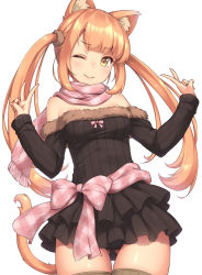 Rule 34 | 1girl, animal ear fluff, animal ears, black dress, black panties, blonde hair, blush, bow, breasts, cat ears, cat tail, closed mouth, cowboy shot, double v, dress, fur trim, gluteal fold, light brown hair, long hair, long sleeves, looking at viewer, medium breasts, one eye closed, original, panties, pantyshot, sasaame, scarf, short dress, simple background, smile, solo, tail, thigh gap, thighhighs, twintails, underwear, v, white background