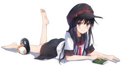 Rule 34 | 10s, 1girl, akatsuki (kancolle), anchor symbol, bad id, bad pixiv id, barefoot, black hat, black skirt, blush, book, closed mouth, failure penguin, feet, full body, hachita (odangoya), hat, kantai collection, leg up, long hair, looking at viewer, lying, neckerchief, on stomach, pleated skirt, purple eyes, red neckerchief, school uniform, serafuku, short sleeves, simple background, skirt, sleeve cuffs, smile, soles, solo, tareme, the pose, toes, white background