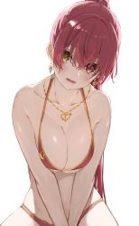Rule 34 | 1girl, arrow through heart, bikini, blush, breasts, breasts squeezed together, cleavage, collarbone, commentary, earrings, furrowed brow, hair between eyes, half updo, hands on lap, head tilt, heart, heart earrings, heart necklace, heterochromia, highres, hololive, houshou marine, houshou marine (summer), icehotmilktea, jewelry, lips, long hair, looking at viewer, medium breasts, necklace, official alternate costume, open mouth, ponytail, red bikini, red eyes, red hair, simple background, smile, solo, swimsuit, virtual youtuber, white background, yellow eyes