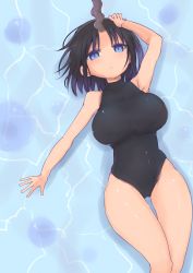 Rule 34 | 1girl, armpits, bare shoulders, black hair, blue eyes, breasts, cool-kyou shinja, elma (maidragon), frown, horns, kobayashi-san chi no maidragon, large breasts, looking at viewer, lying, official art, on back, one-piece swimsuit, single horn, solo, swimsuit, thighs, water