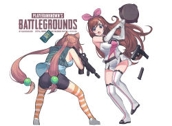 Rule 34 | 2girls, absurdres, animal ears, backpack, bag, bare shoulders, bike shorts, black shorts, black soldier, blue eyes, blue shirt, blush, boots, breasts, brown hair, cat ears, clip, commentary request, crossover, elbow gloves, frying pan, glock, gloves, gun, gun request, hair ribbon, handgun, highres, hinata channel, holding, holding gun, holding weapon, kizuna ai, kizuna ai inc., large breasts, long hair, low twintails, multicolored hair, multiple girls, nekomiya hinata, open mouth, pink hair, pink ribbon, pistol, playerunknown&#039;s battlegrounds, ribbon, shirt, shoes, short shorts, shorts, simple background, sleeveless, sleeveless shirt, standing, standing on one leg, streaked hair, striped clothes, striped legwear, striped thighhighs, suppressor, thigh boots, thighhighs, twintails, vertical-striped clothes, vertical-striped thighhighs, very long hair, virtual youtuber, weapon, white background, white footwear, white gloves, white legwear, white shirt, white shorts