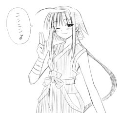 Rule 34 | 00s, 1girl, ahoge, bandages, blunt bangs, blush, breasts, closed mouth, facing viewer, greyscale, hair tie, half-closed eye, hand up, happy, harmonia, hip vent, japanese clothes, japanese text, katakana, kimono, large breasts, long hair, looking at viewer, mahou sensei negima!, monochrome, musical note, nagase kaede, ninja, one eye closed, ponytail, simple background, sketch, sleeveless, sleeveless kimono, smile, solo, speech bubble, spoken musical note, standing, talking, very long hair, white background