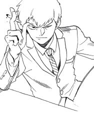 Rule 34 | 10s, 1boy, arm rest, bent over, cigarette, closed mouth, formal, greyscale, highres, male focus, mob psycho 100, monochrome, necktie, reigen arataka, short hair, shundei (enig), sitting, solo, squinting, striped necktie, striped neckwear, suit