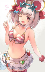 Rule 34 | 1girl, ;d, animal ears, bad id, bad twitter id, bare arms, bare shoulders, bikini, breasts, bridal garter, cleavage, collarbone, cowboy shot, fake animal ears, front-tie bikini top, front-tie top, granblue fantasy, hand up, highres, koretsuki azuma, looking at viewer, miniskirt, mouse ears, navel, one eye closed, open mouth, red eyes, scrunchie, short hair, skirt, small breasts, smile, solo, star-shaped eyewear, star (symbol), stomach, striped bikini, striped clothes, swimsuit, vikala (blooming summer wallflower) (granblue fantasy), vikala (granblue fantasy), white hair, white skirt, wrist scrunchie