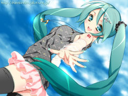 Rule 34 | 1girl, alternate costume, aqua eyes, aqua hair, aqua nails, blouse, blush, body blush, casual, day, detached sleeves, dutch angle, fingernails, from below, green eyes, green hair, happy, hatsune miku, jewelry, kamiya maneki, long fingernails, long hair, matching hair/eyes, miniskirt, musical note, nail polish, open mouth, outstretched arm, outstretched hand, pendant, quaver, see-through, shirt, skirt, sky, smile, solo, tattoo, thighhighs, twintails, vocaloid, zettai ryouiki